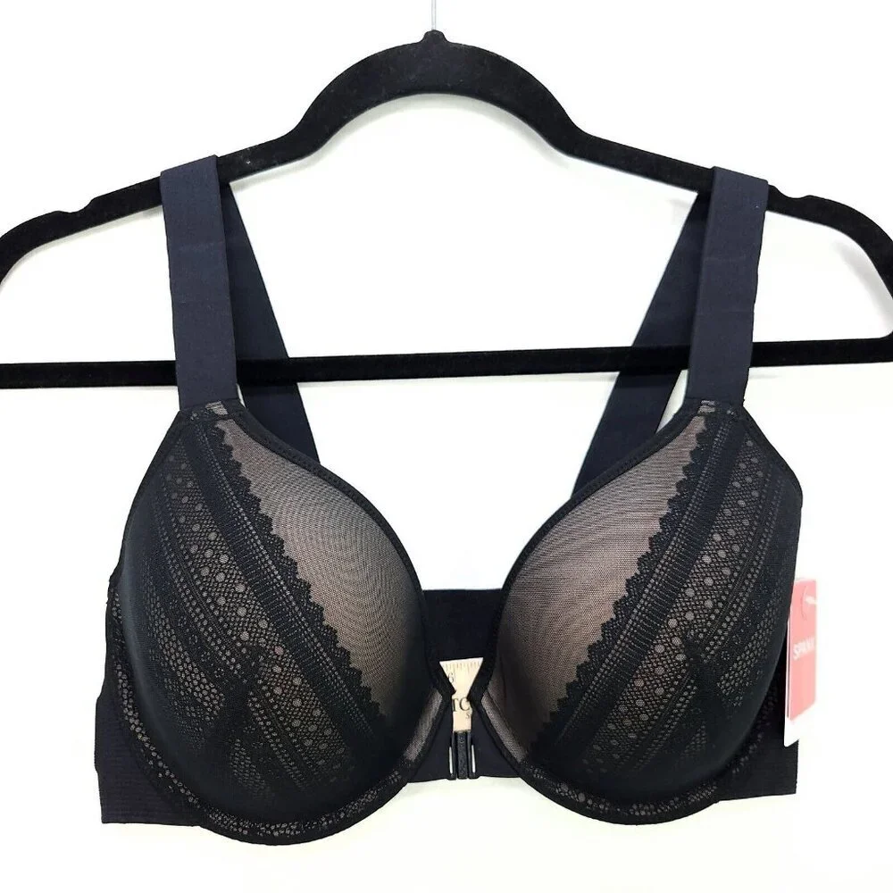 SPANX Bra Black Illusion Lace Full Coverage Underwire Front Close 32DD Stretch - Picture 1 of 15